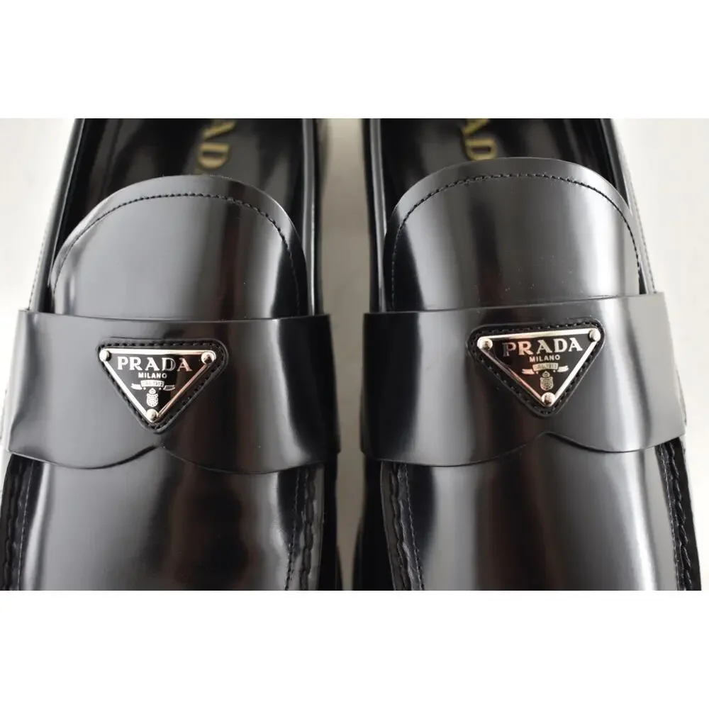 Prada Black Brushed Leather Triangle Logo Classic Loafer SlipOn Flat UK 12 US 13 - Picture 11 of 16